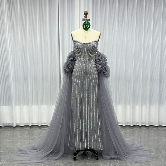 YQLNNE 0128 Luxury Gray Crystals Evening Party Gown With Removable Sleeves
