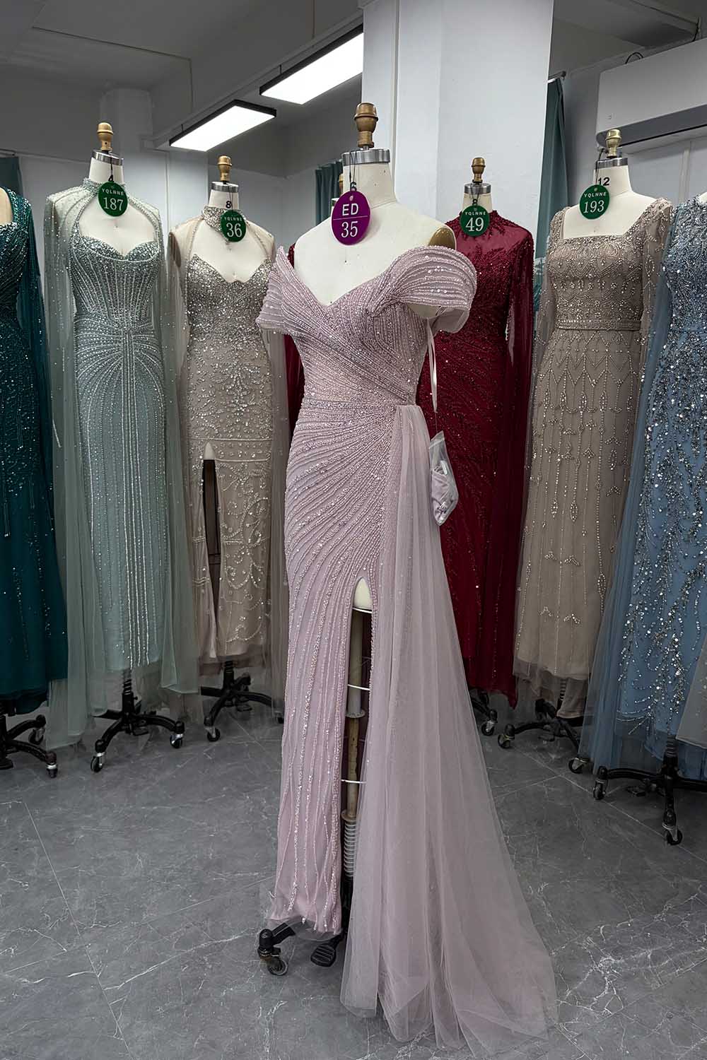 YQLNNE ED035 Off Shoulder Handmade Beaded Evening Dress Mermaid With Slit