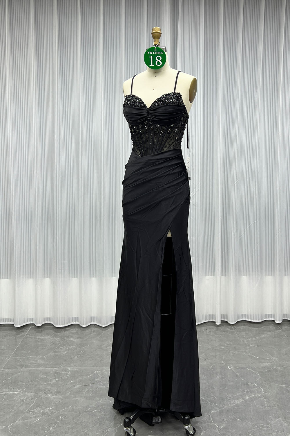 YQLNNE 018 Black Crystals Slit Prom Dresses Long Satin Evening Gown Lace-up