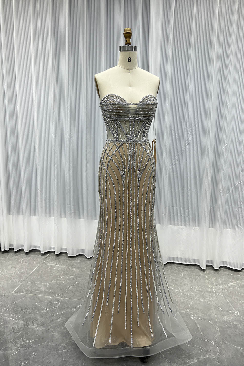 Luxury Silver Nude Crystals Evening Dress Long Mermaid Formal Gown