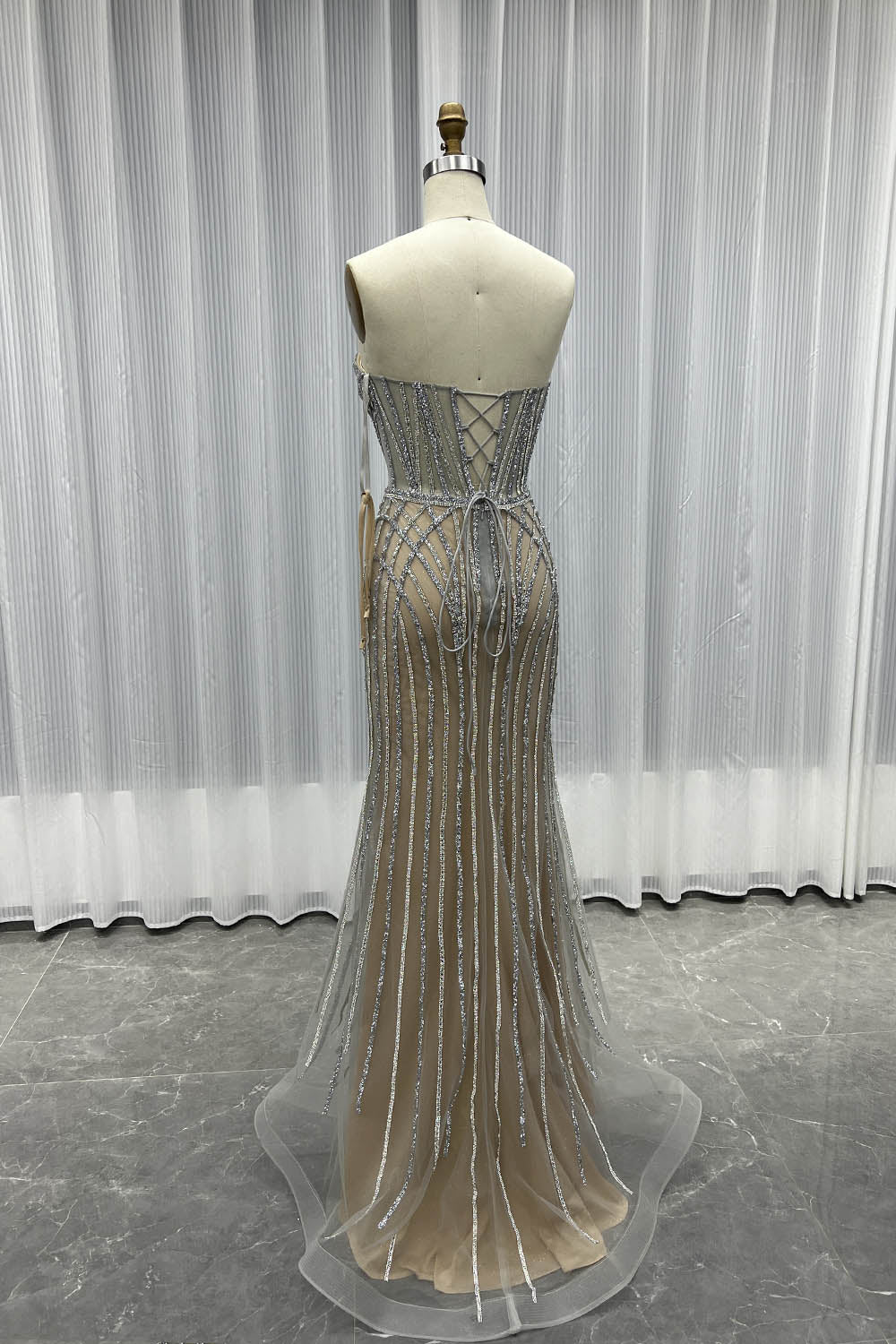 Luxury Silver Nude Crystals Evening Dress Long Mermaid Formal Gown