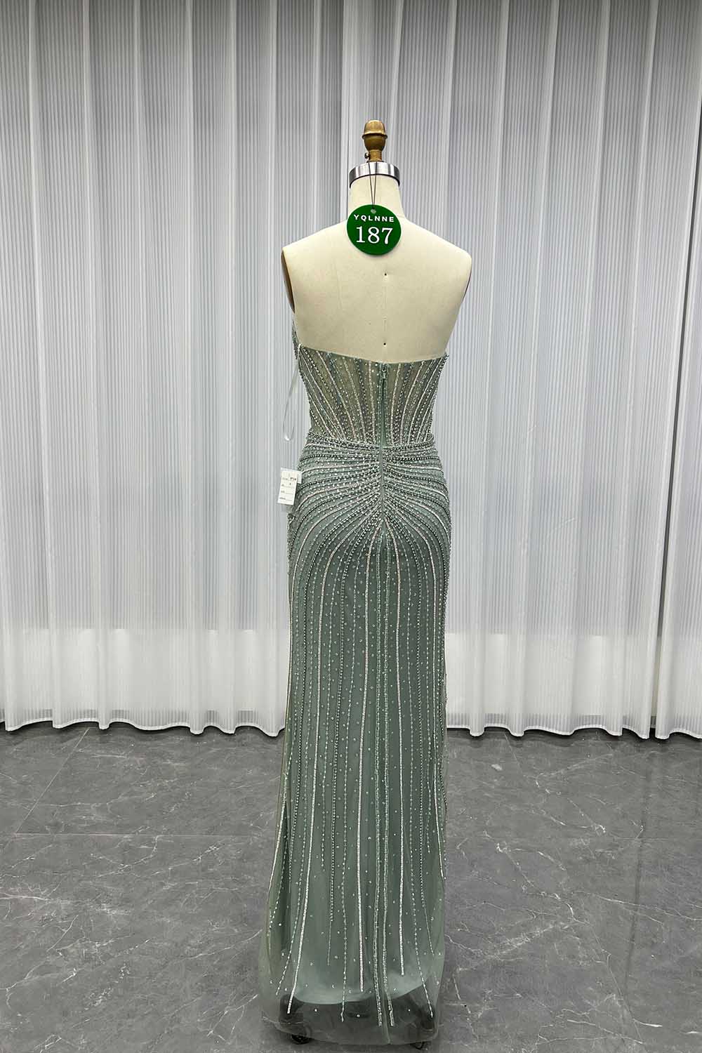 YQLNNE 0187 Sage Green Rhinestones Mermaid Evening Dress With Removable Shawl