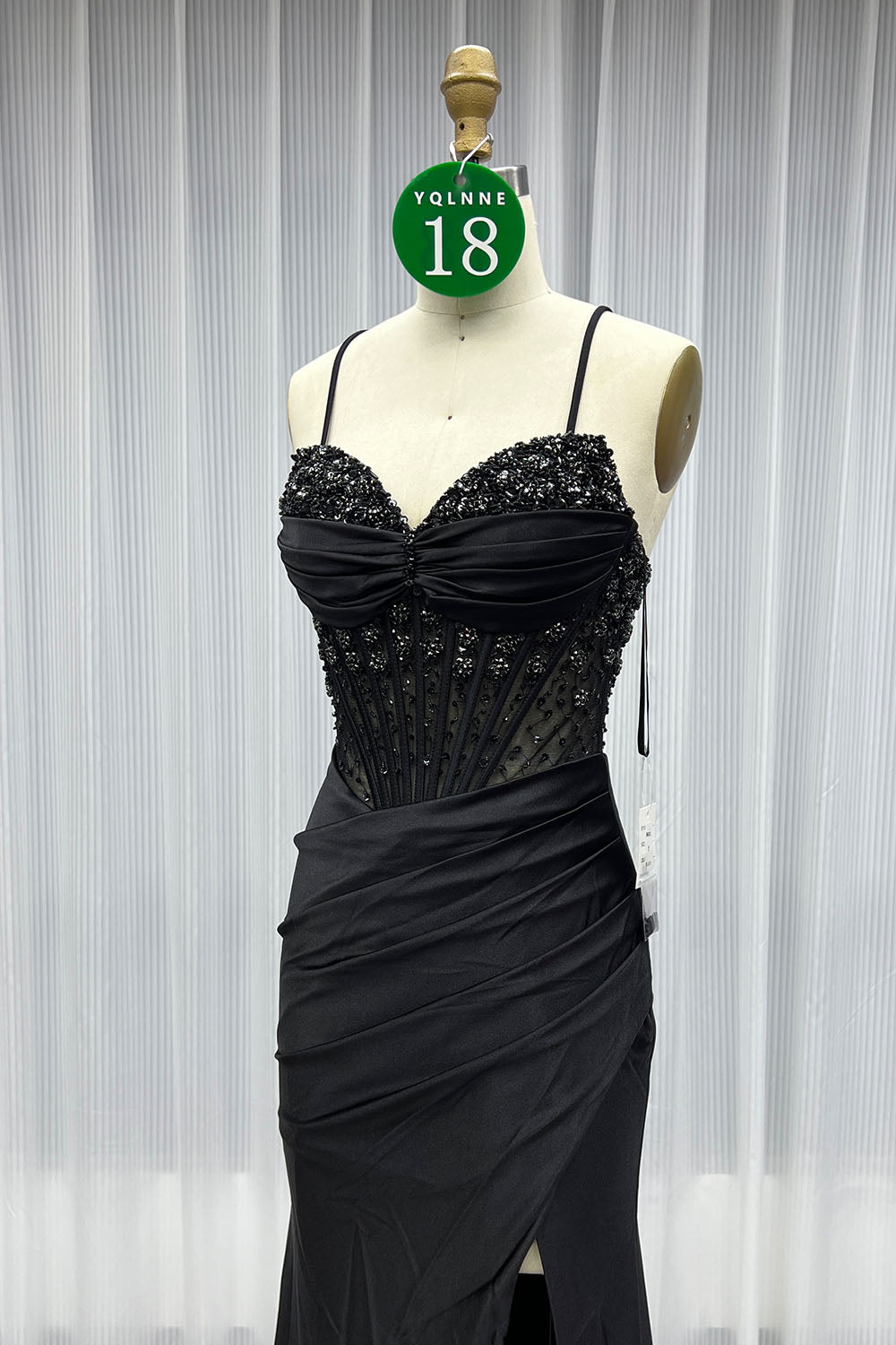 YQLNNE 018 Black Crystals Slit Prom Dresses Long Satin Evening Gown Lace-up