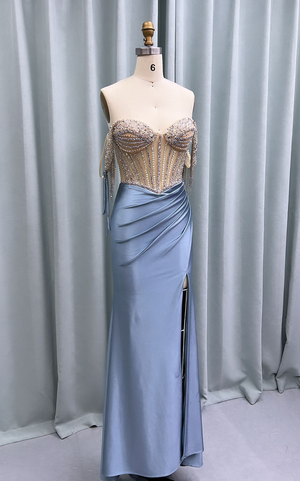 YQLNNE Blue Satin Crystals Beaded Prom Dresses Long Slit Off the Shoulder Evening Party Gown