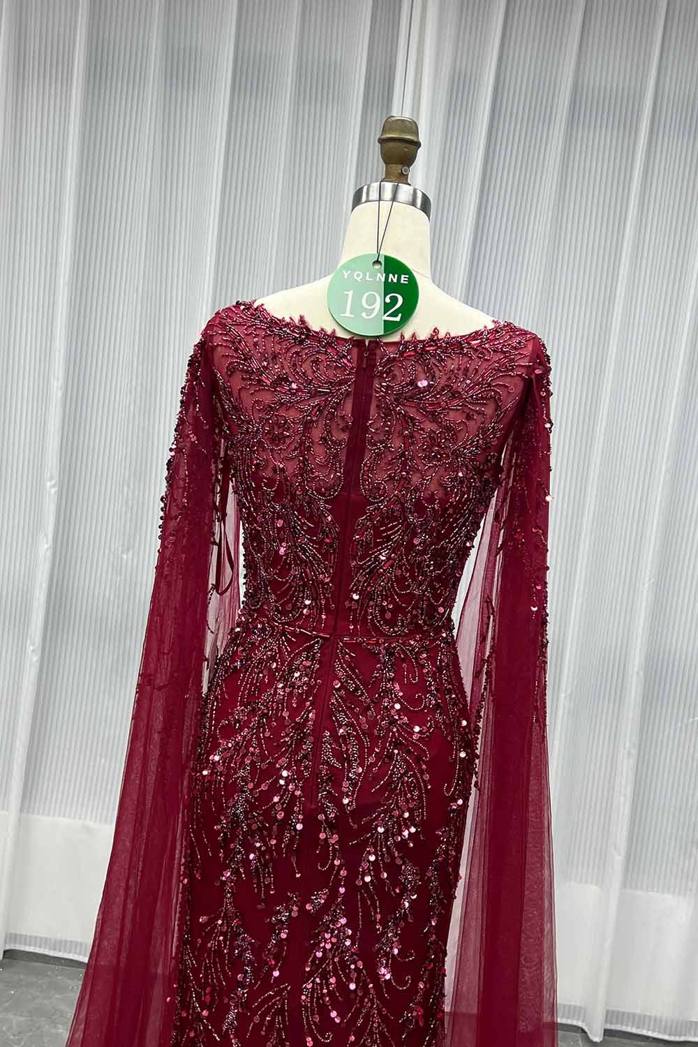YQLNNE 0192 Burgundy Handmade Crystals Beaded Evening Dress With Long Cape Sleeves