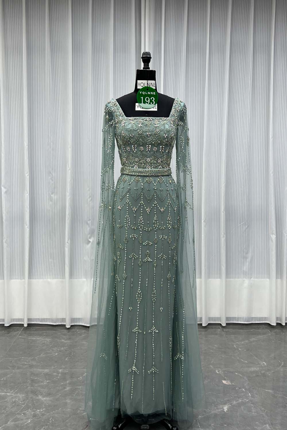 YQLNNE 0193 Modest Nude Square Collar Evening Dress With Handmade Crystals Beaded