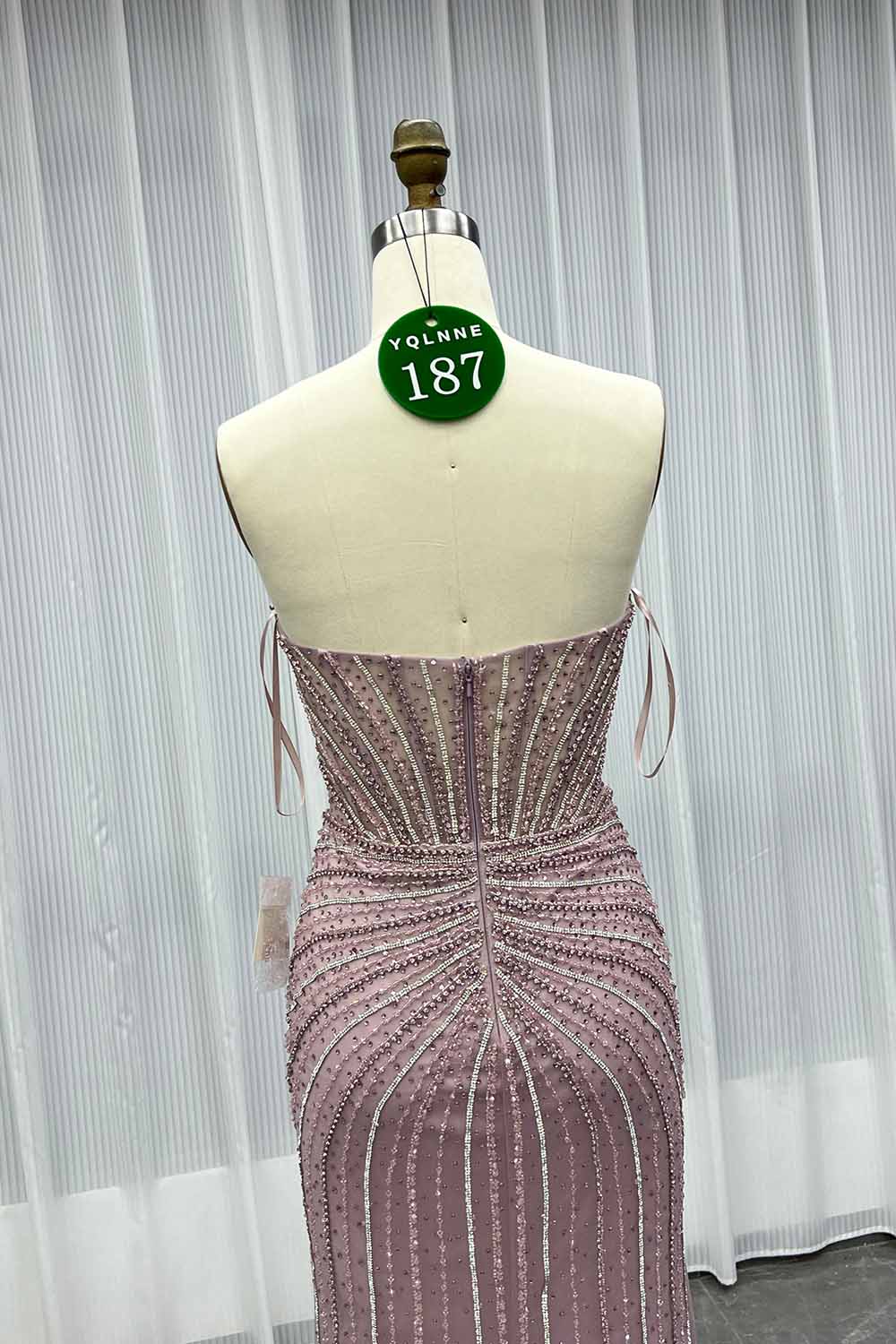 YQLNNE 0187 Pink Crystals Evening Dress With Removable Shawl