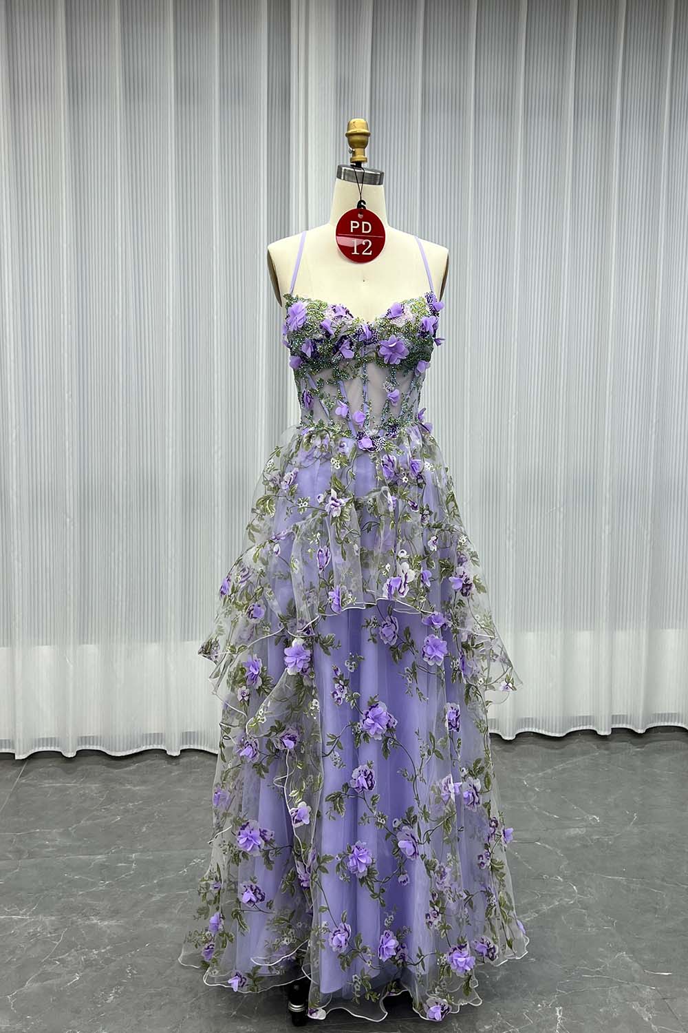 YQLNNE PD012 Printed Flowers Long Slit Princess Prom Dress