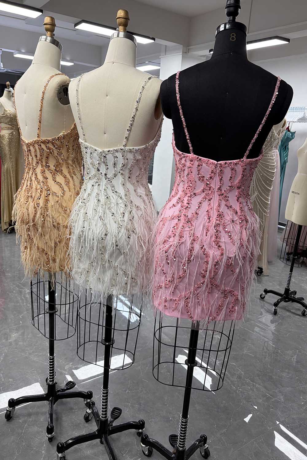 YQLNNE YQ3002 Pink Short Feathers Evening Dress With Handmade Crystals Beaded