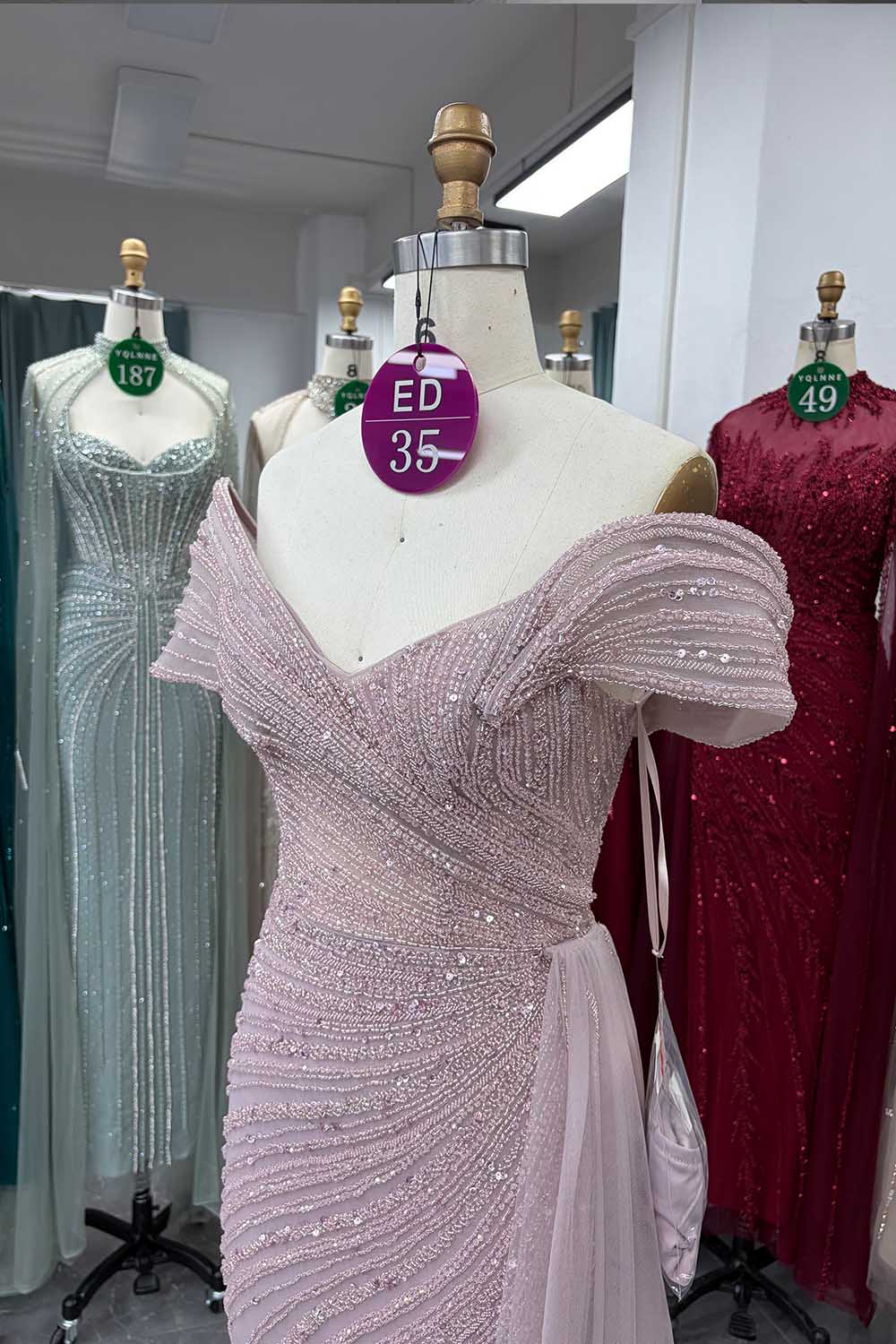 YQLNNE ED035 Off Shoulder Handmade Beaded Evening Dress Mermaid With Slit