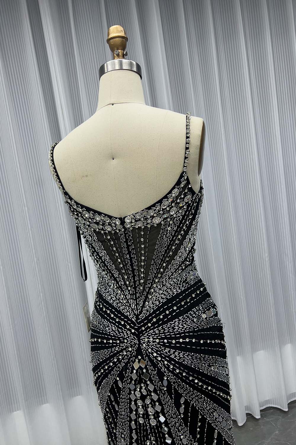 Gorgeous Black Crystals Pageant Evening Gown Long Slit Strapless Women Party Dress