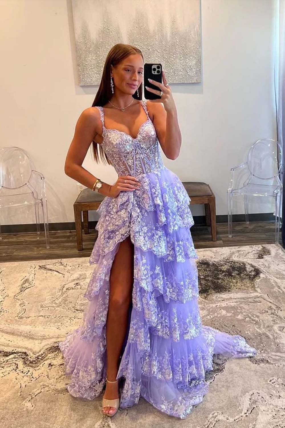 YQLNNE Navy Embroidered High Slit Prom Dresses Long Off Shoulder Lace Edge Formal Women Dress Zipper Back