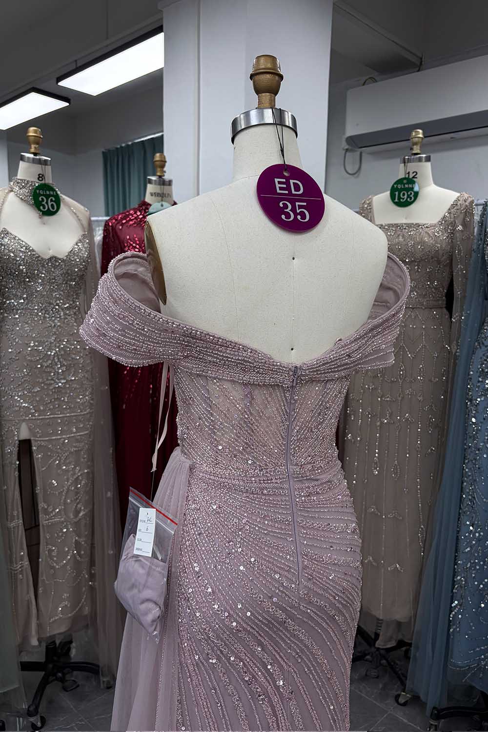 YQLNNE ED035 Off Shoulder Handmade Beaded Evening Dress Mermaid With Slit