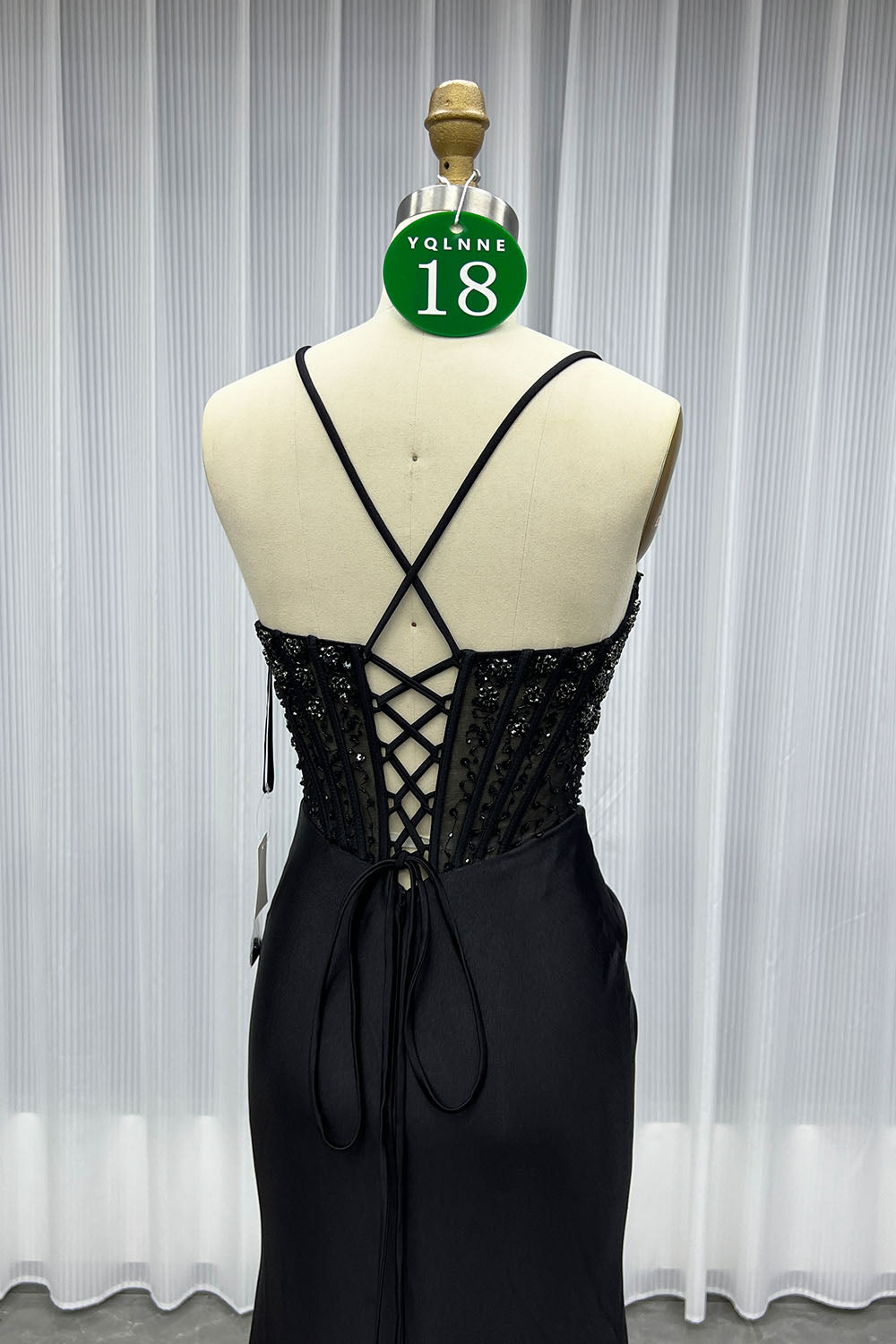 YQLNNE 018 Black Crystals Slit Prom Dresses Long Satin Evening Gown Lace-up