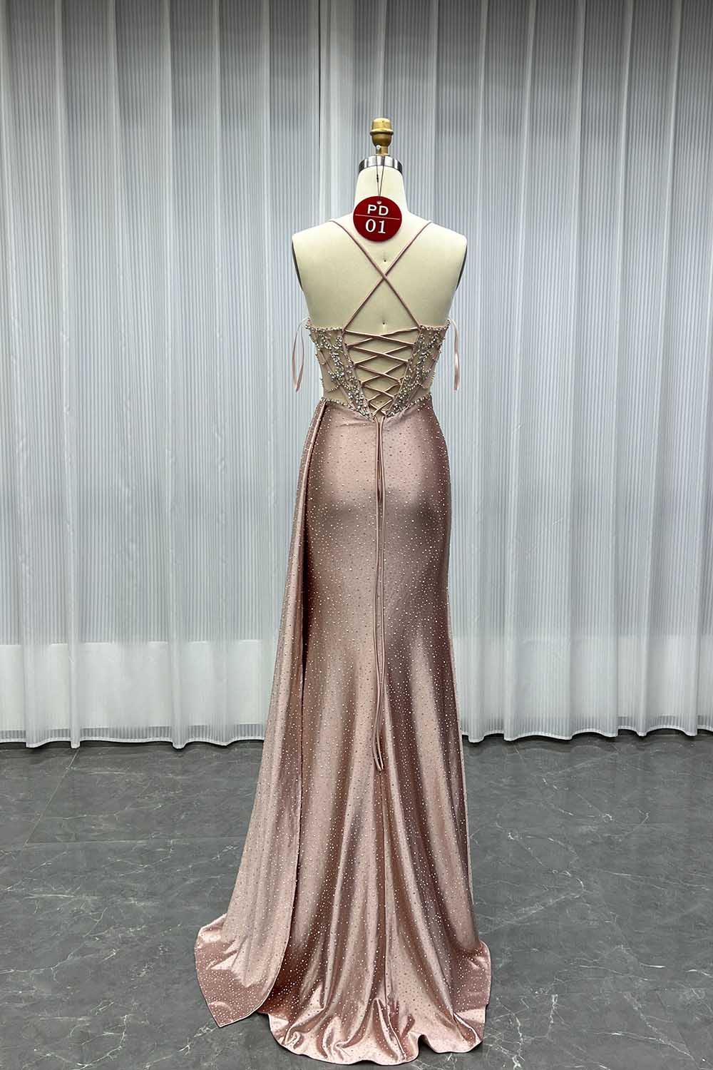 YQLNNE PD01 Champagne Straps Crystals Long Prom Dresses Lace-up Back
