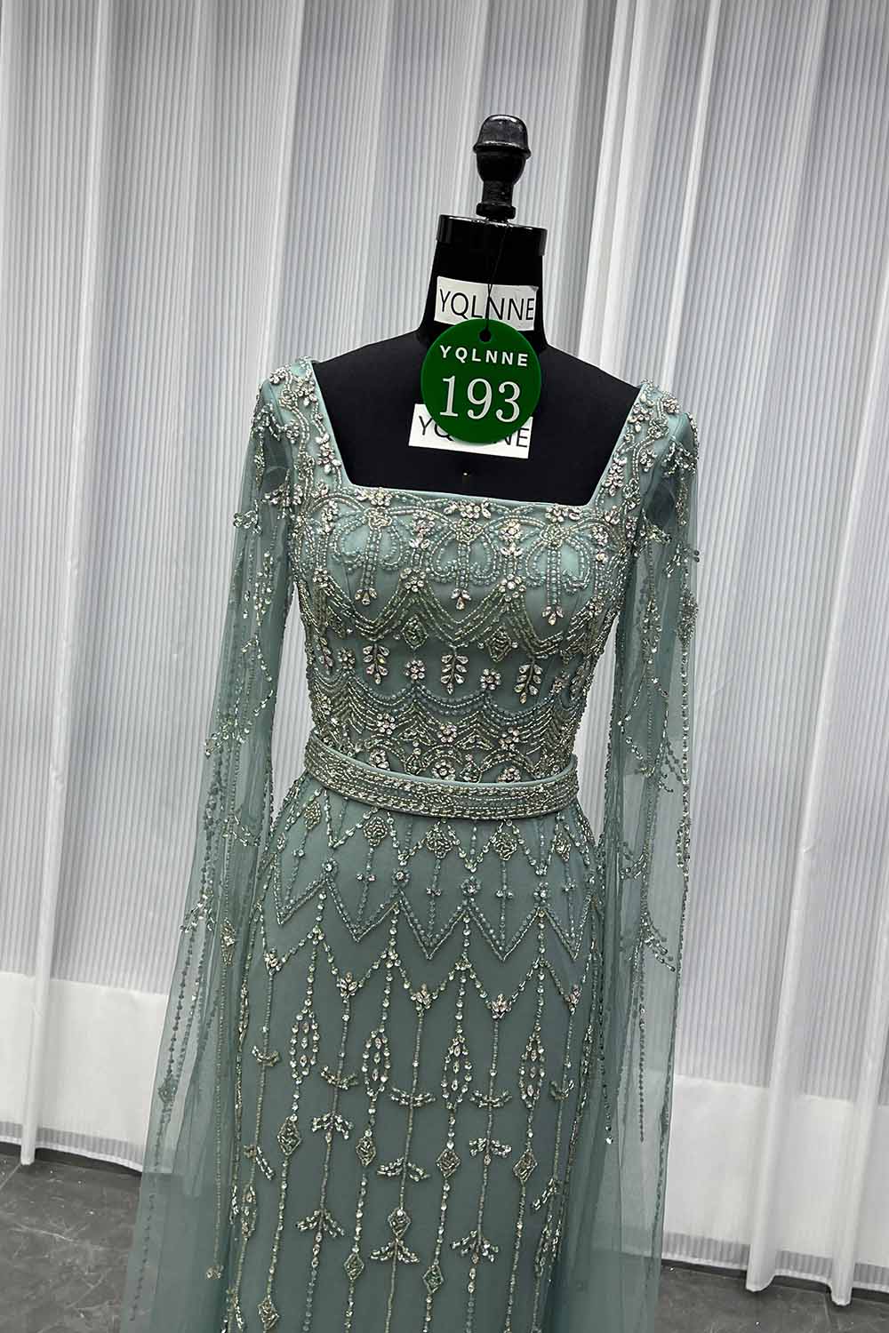 YQLNNE 0193 Modest Nude Square Collar Evening Dress With Handmade Crystals Beaded