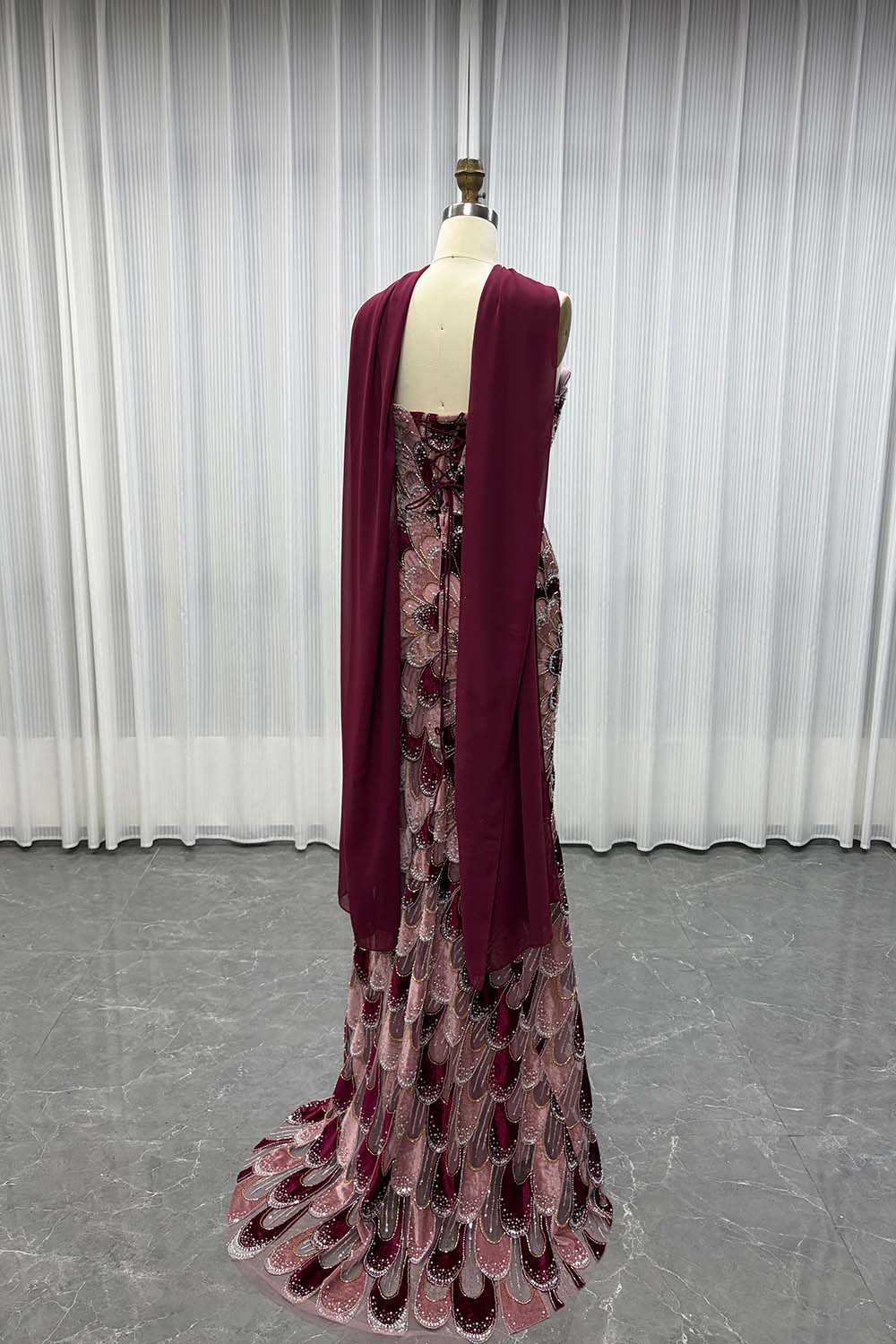 YQLNNE YQ7006 Modest Black Beaded Evening Dress With Scarf