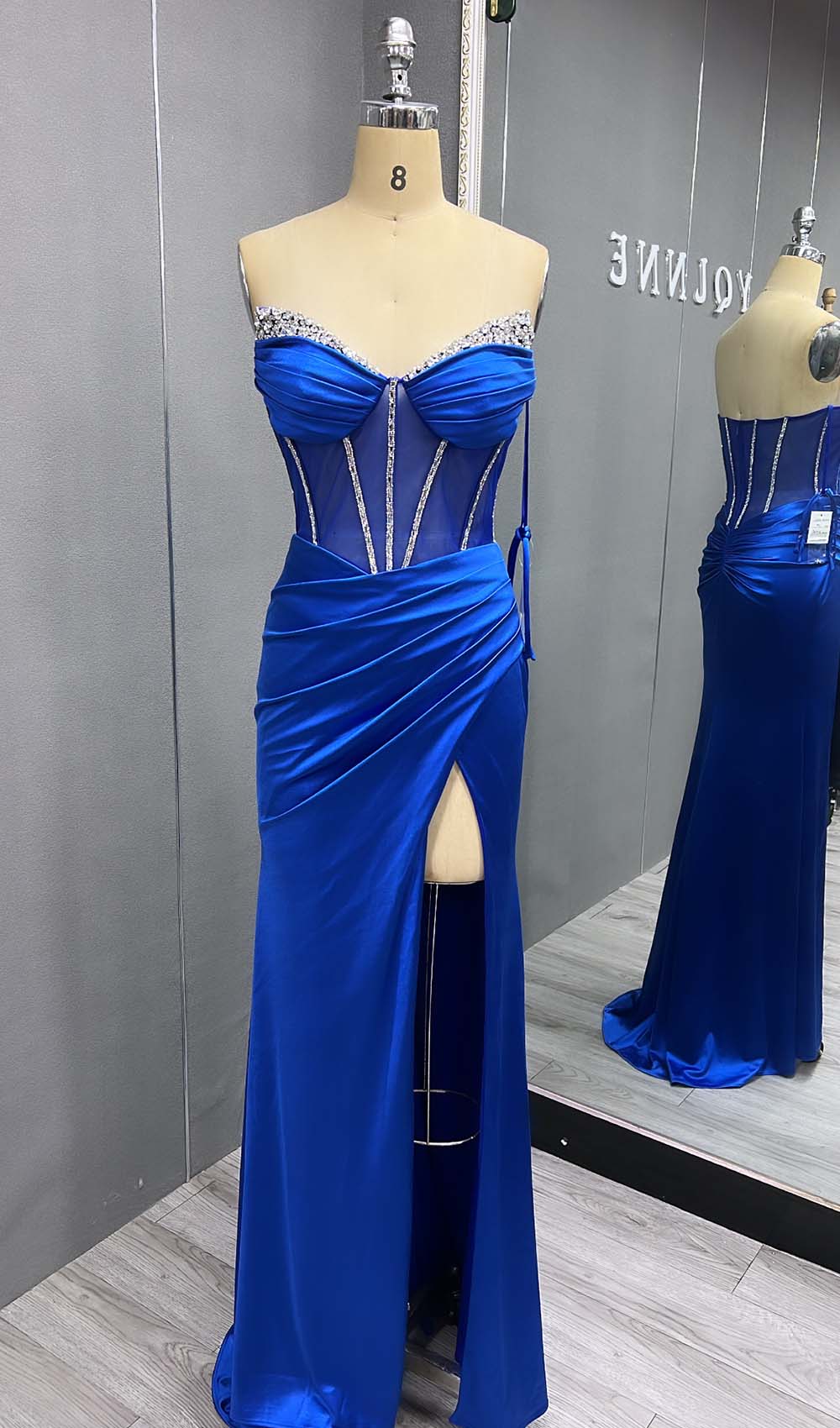 YQLNNE Royal Blue Sweetheart Crystals Satin Prom Dresses Mermaid Red Carpet Gown Fitted High Slit Beading Vestido De Gala