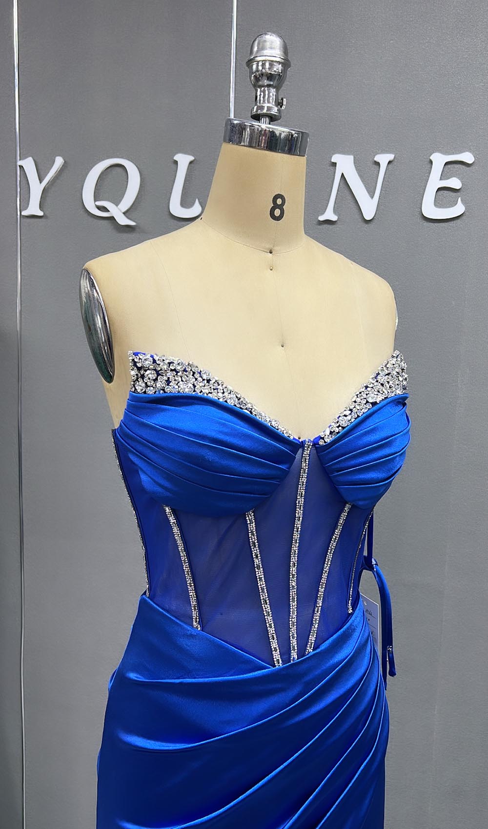 YQLNNE Royal Blue Sweetheart Crystals Satin Prom Dresses Mermaid Red Carpet Gown Fitted High Slit Beading Vestido De Gala