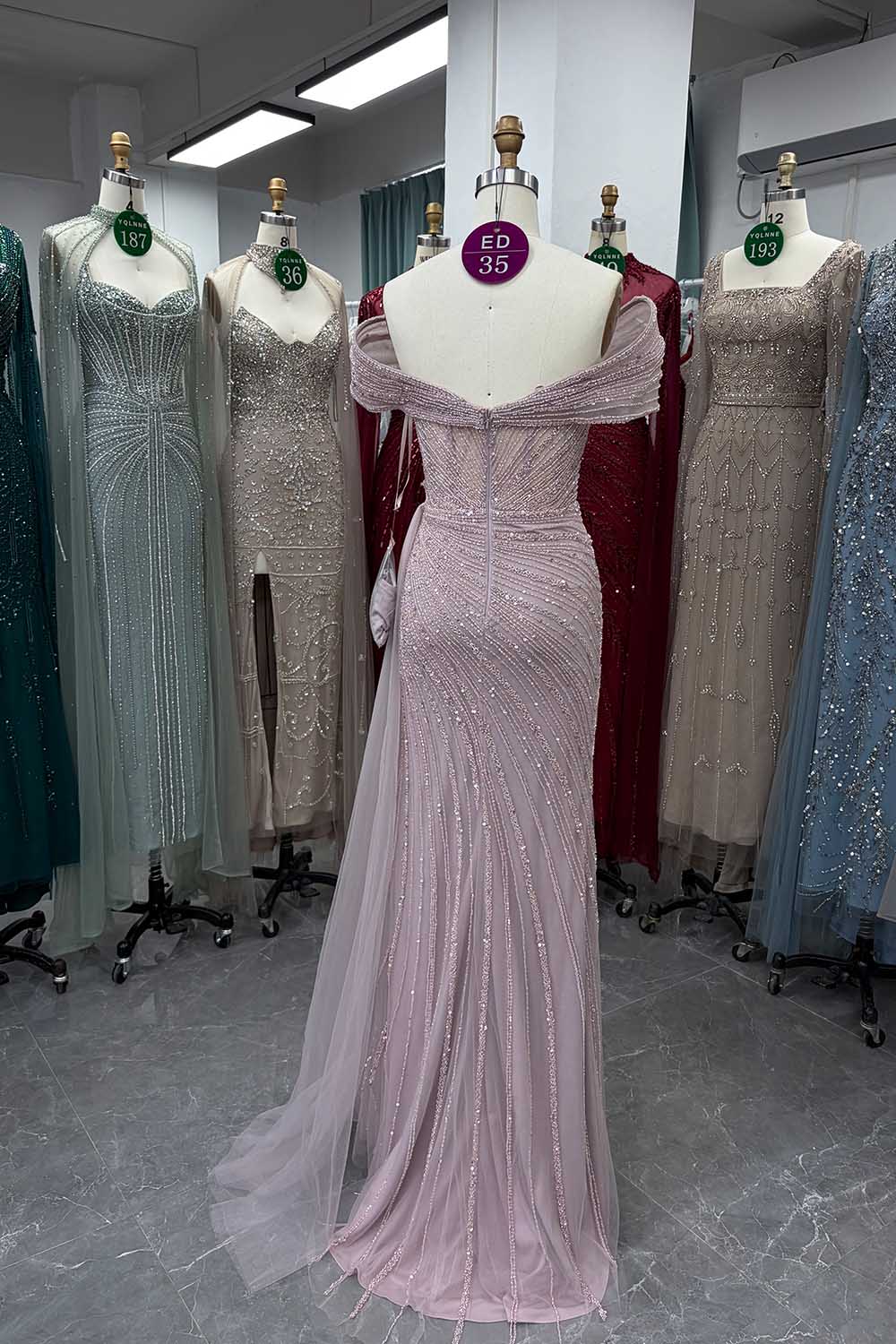 YQLNNE ED035 Off Shoulder Handmade Beaded Evening Dress Mermaid With Slit