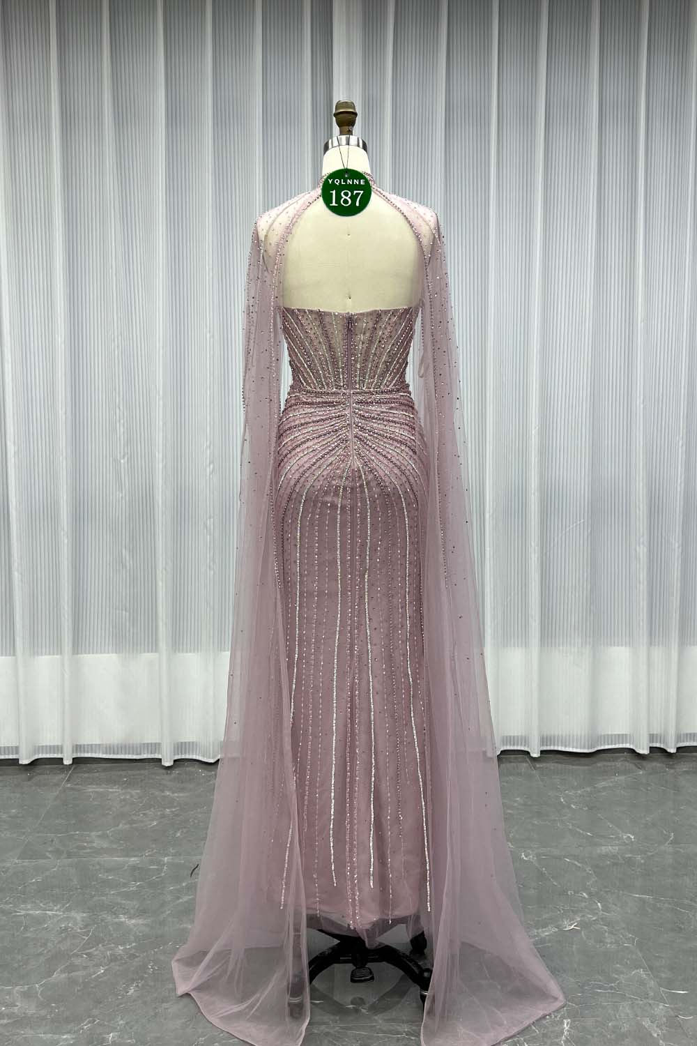 YQLNNE 0187 Pink Crystals Evening Dress With Removable Shawl