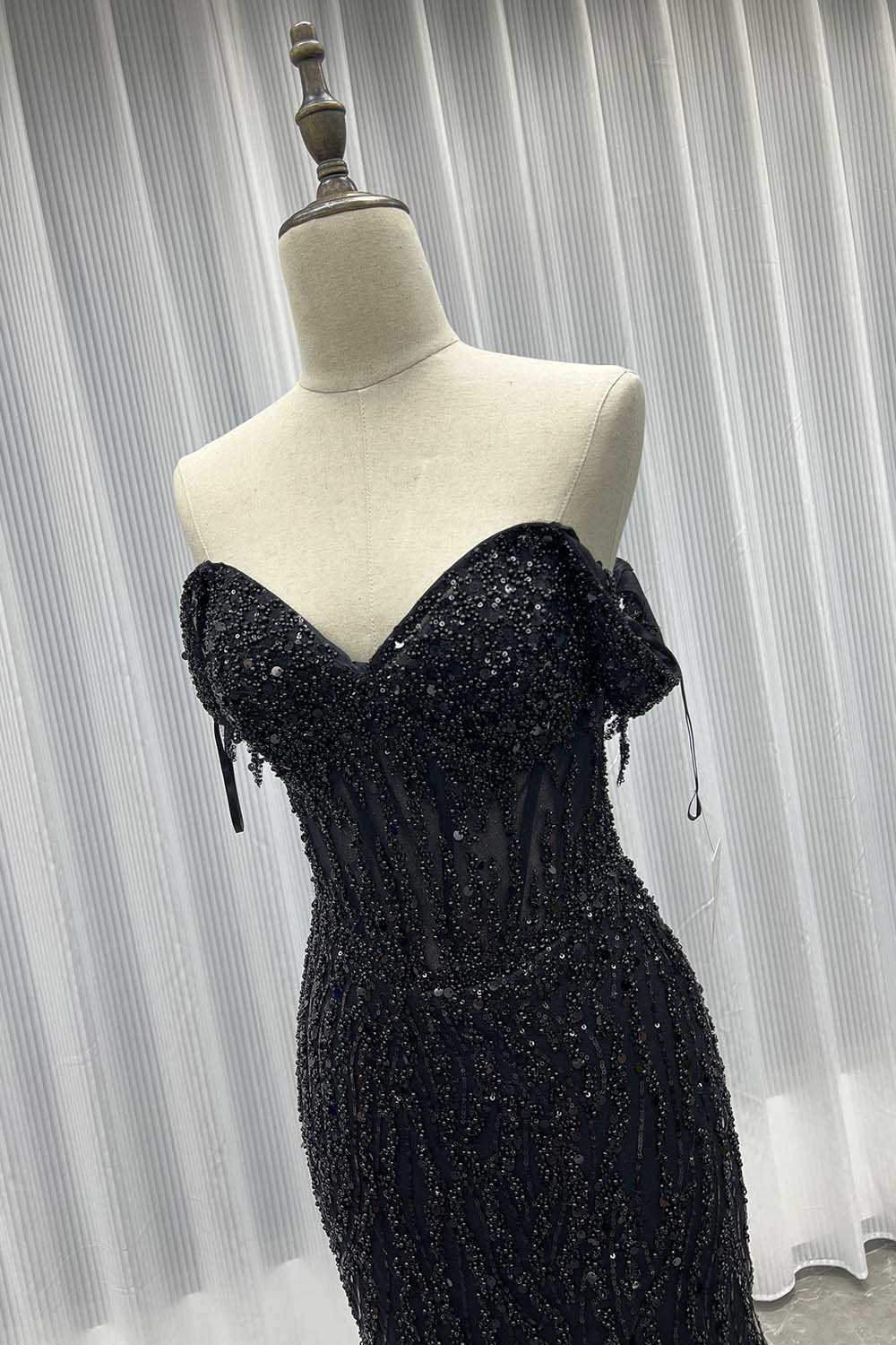 Sliver Off The Shoulder Long Prom Dresses Slit Sequined Beaded Women Party Dress