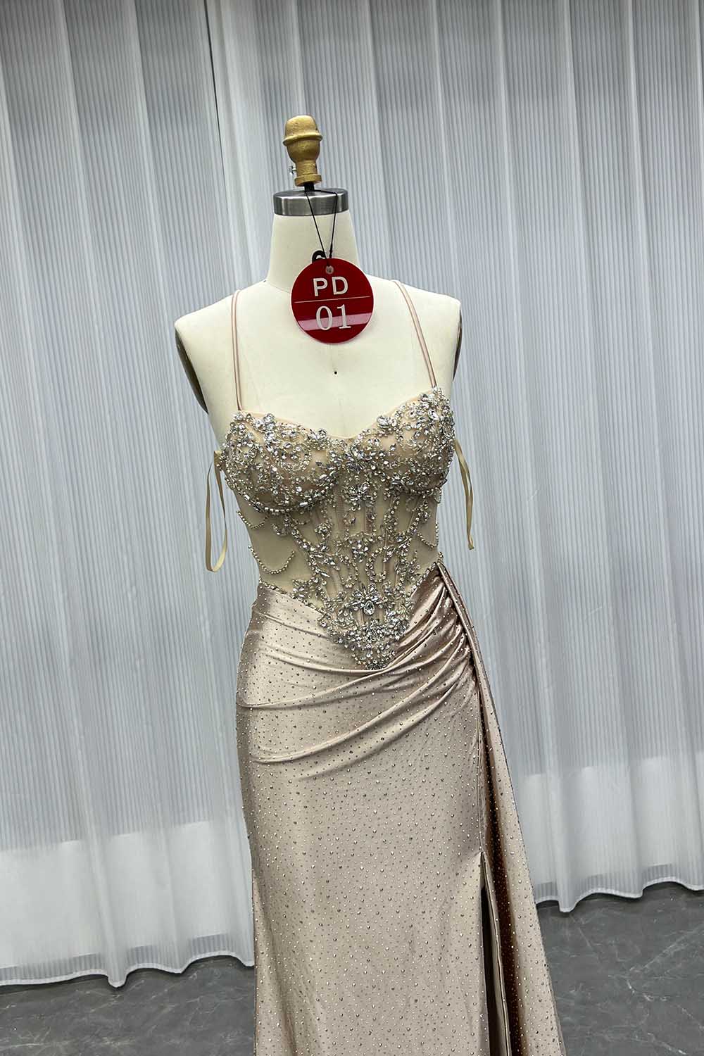 YQLNNE PD01 Champagne Straps Crystals Long Prom Dresses Lace-up Back