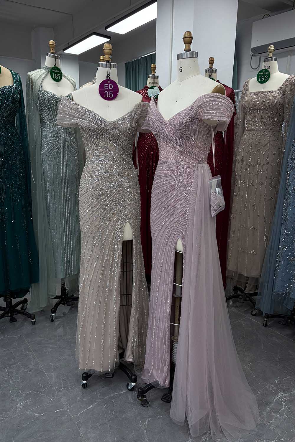 YQLNNE ED035 Off Shoulder Handmade Beaded Evening Dress Mermaid With Slit