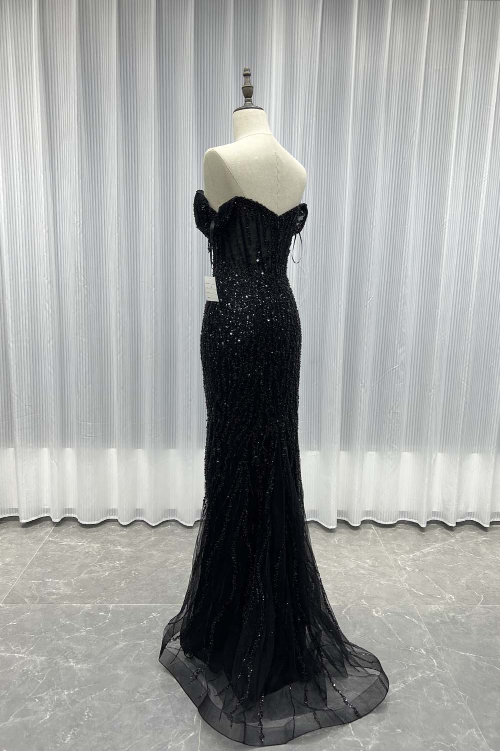 Sliver Off The Shoulder Long Prom Dresses Slit Sequined Beaded Women Party Dress