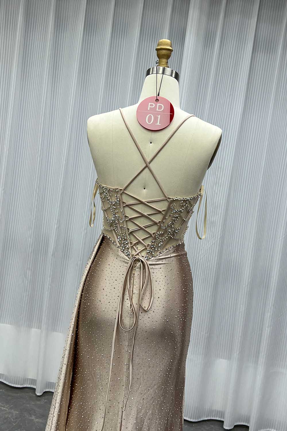 YQLNNE PD01 Champagne Straps Crystals Long Prom Dresses Lace-up Back