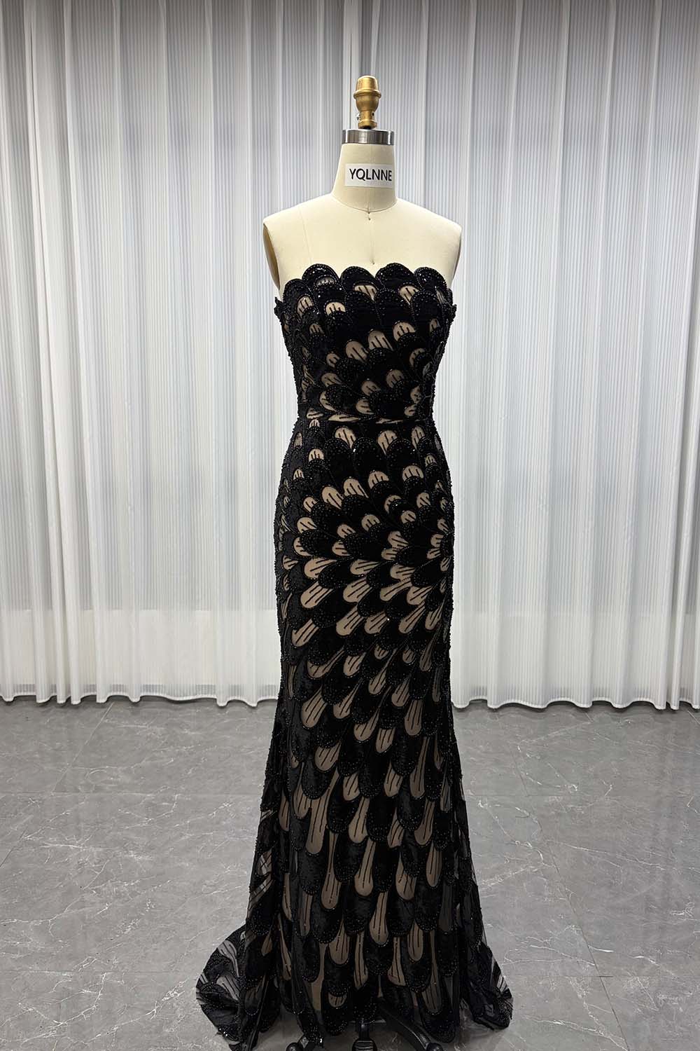 YQLNNE YQ7006 Modest Black Beaded Evening Dress With Scarf