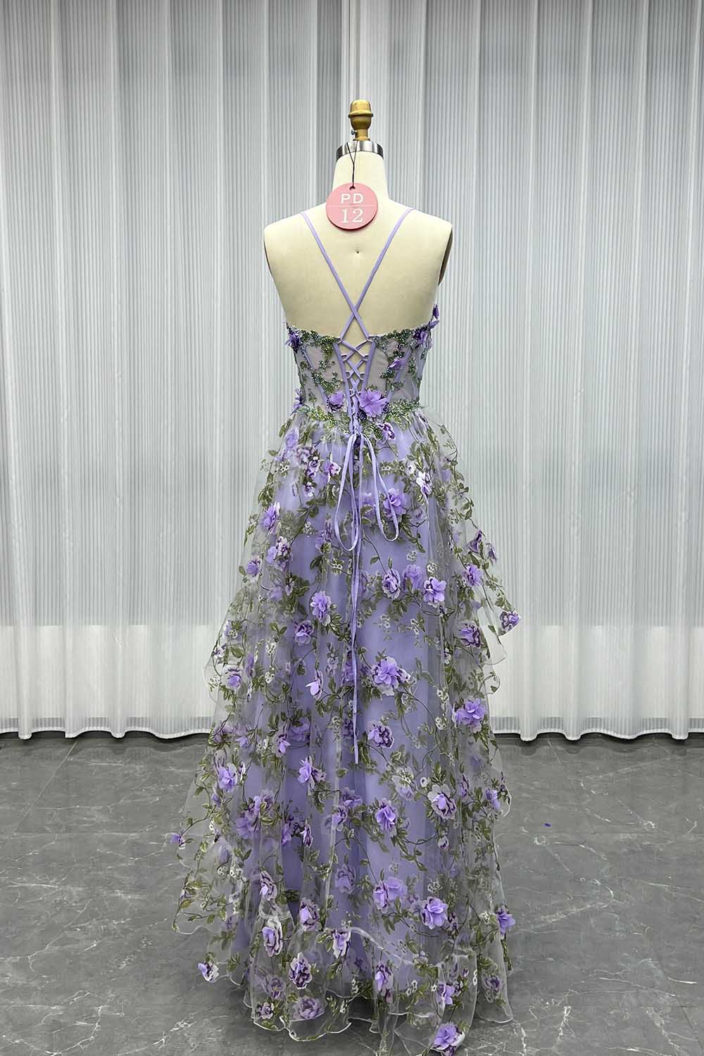 YQLNNE PD012 Printed Flowers Long Slit Princess Prom Dress