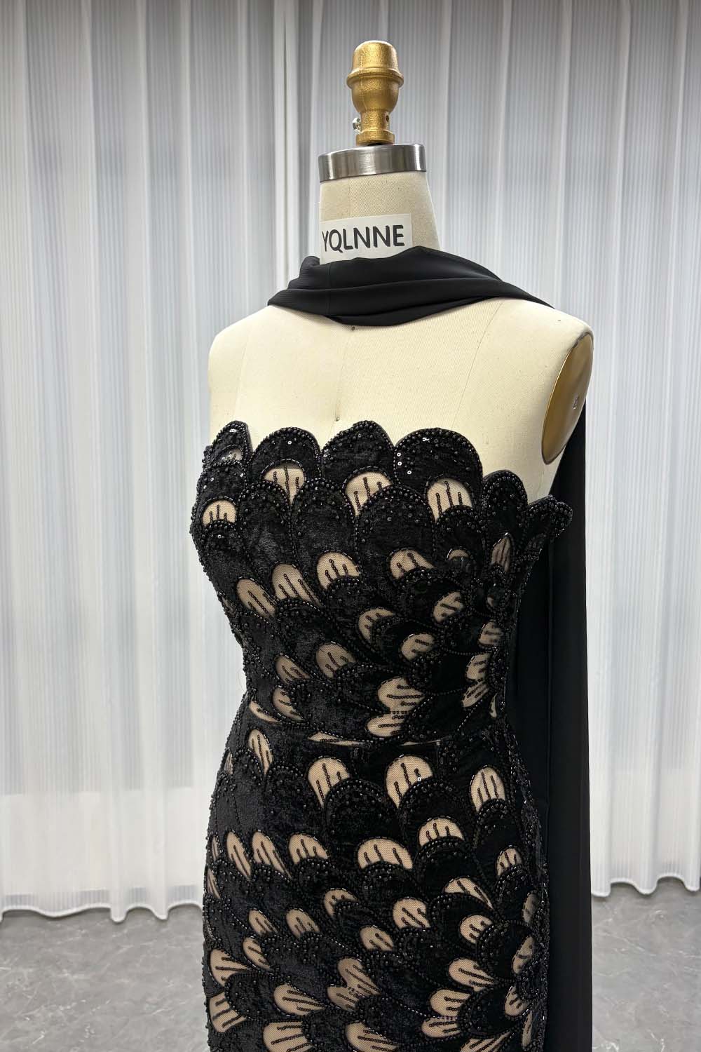 YQLNNE YQ7006 Modest Black Beaded Evening Dress With Scarf