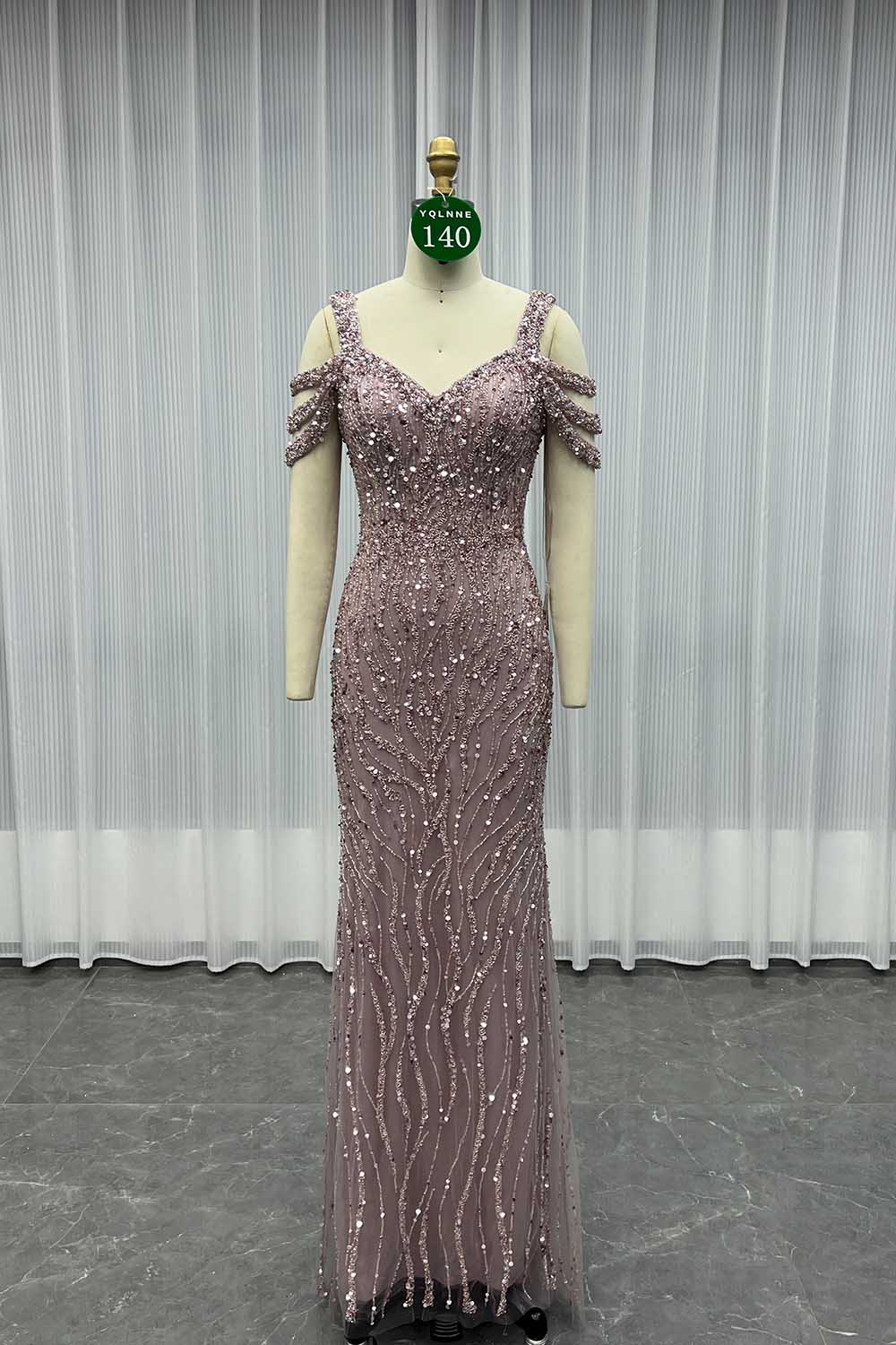 YQLNNE 0140 Nude Off Shoulder Crystals Beaded Evening Dress With Removable Shawl