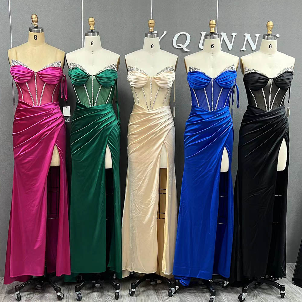 YQLNNE Green Fitted High Slit Prom Dresses Mermaid Satin Crystals Beaded Red Carpet Gown Vestido De Gala