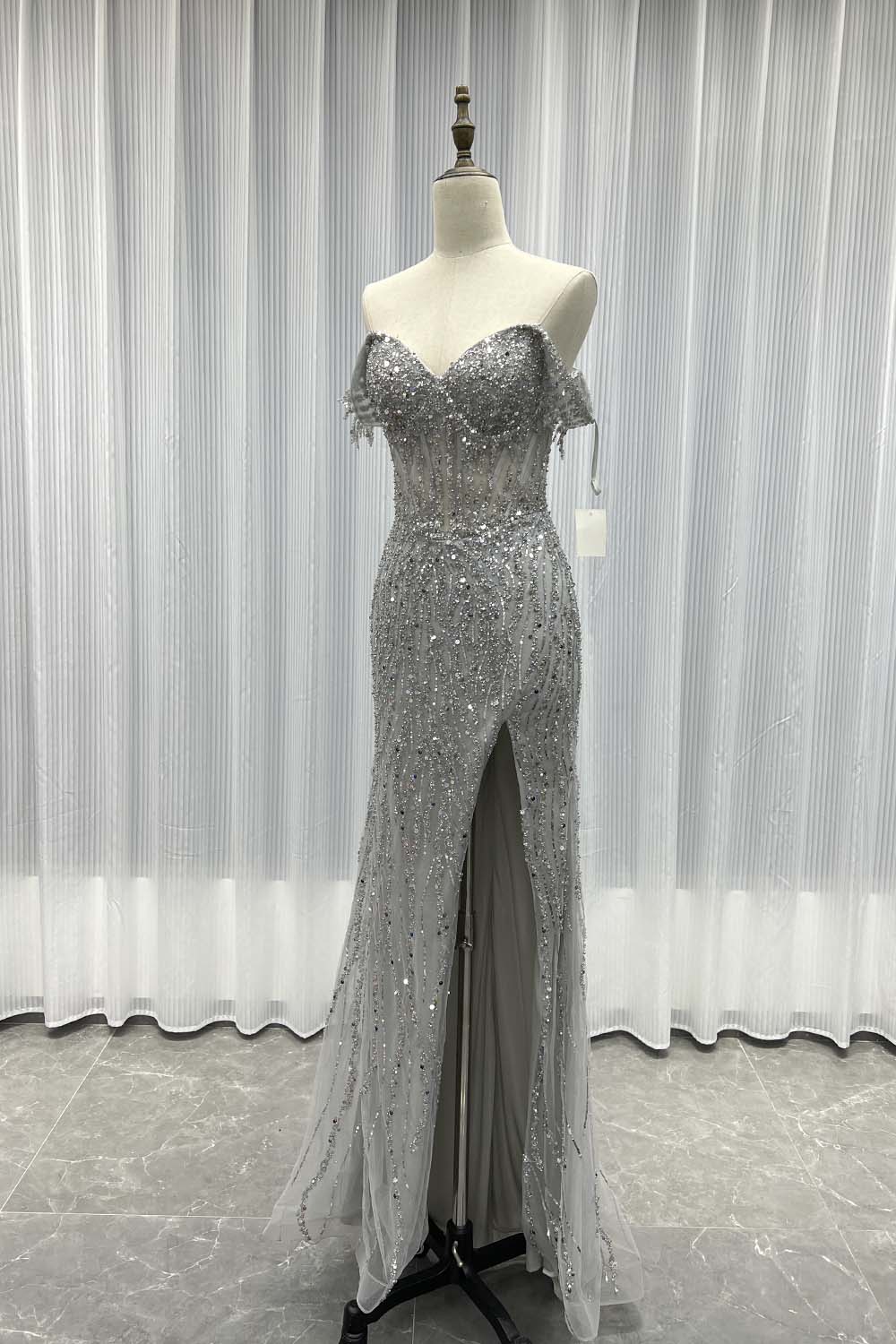 Sliver Off The Shoulder Long Prom Dresses Slit Sequined Beaded Women Party Dress