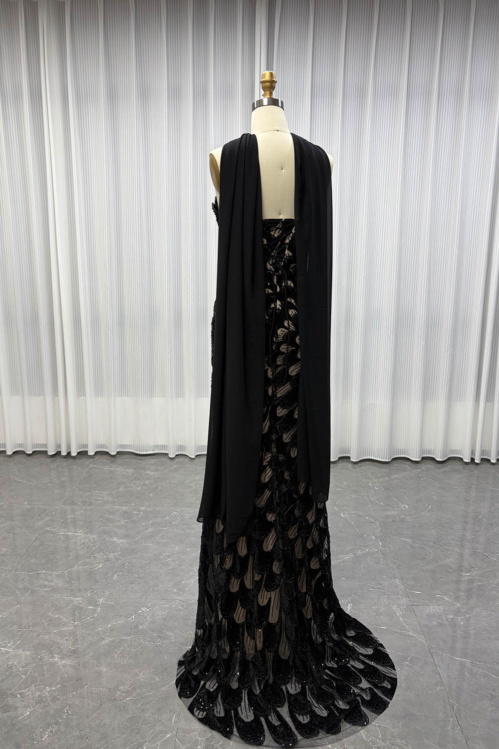YQLNNE YQ7006 Modest Black Beaded Evening Dress With Scarf