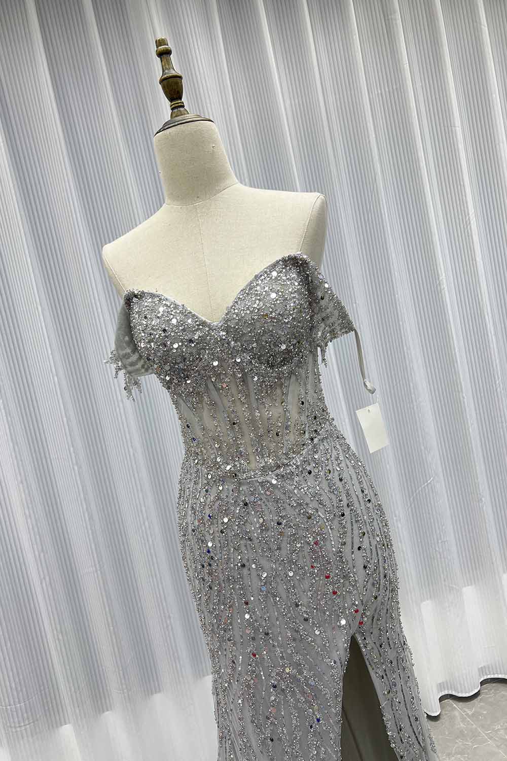 Sliver Off The Shoulder Long Prom Dresses Slit Sequined Beaded Women Party Dress