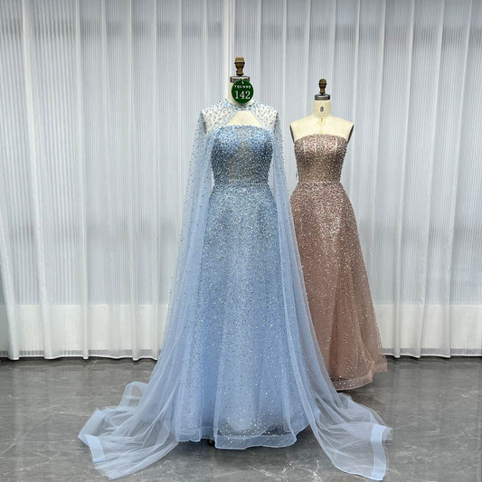 YQLNNE 0142 Rose Gold Ball Gown Evening Dress With Removable Cape Handmade Crystals Beaded