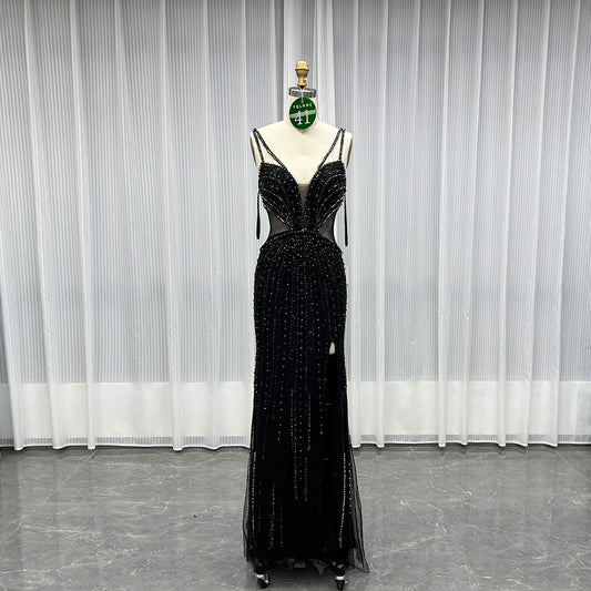 YQLNNE 041 Black Crystals Mermaid Evening Dress With Straps