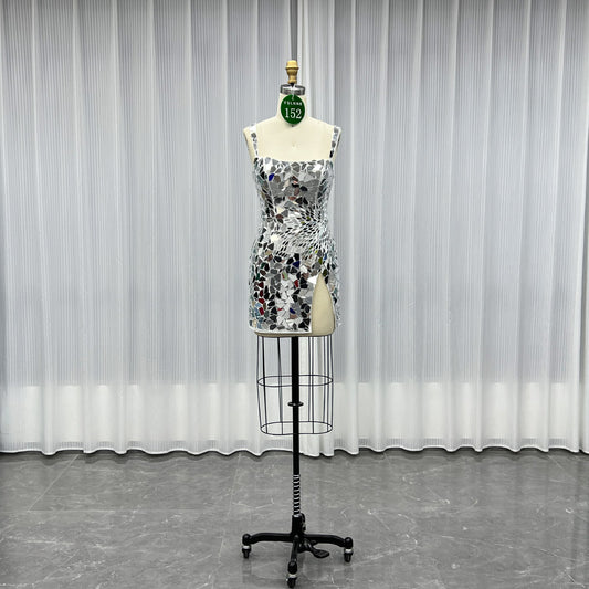 YQLNNE 0152 Short Mini Silver Lens Cocktail Dress Evening Party Gown