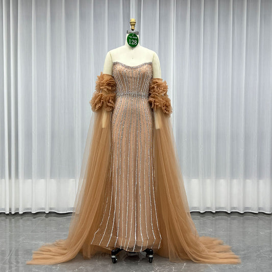 YQLNNE 0128 Luxury Orange Crystals Evening Party Gown With Removable Tulle Sleeves