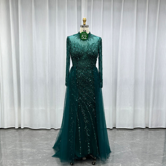 YQLNNE 052 Modest Dark Green Full Sleeves Evening Dress Handmade Beaded With Removable Train