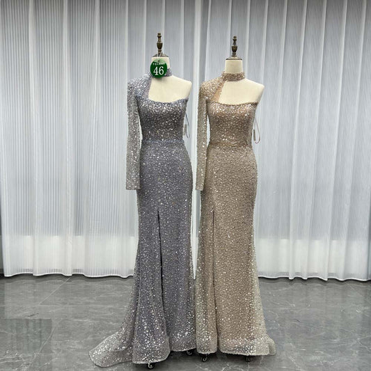 YQLNNE 046 Nude One Shoulder Crystals Evening Dress Long Sleeve Mermaid Formal Gown
