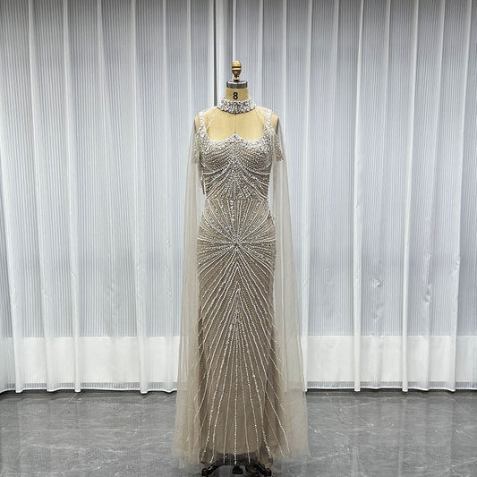 YQLNNE Mocha Crystals Evening Dress Mermaid With Necklace