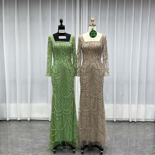 YQLNNE 0175 Nude Square Collar Crystals Beaded Evening Dress With Long Sleeves