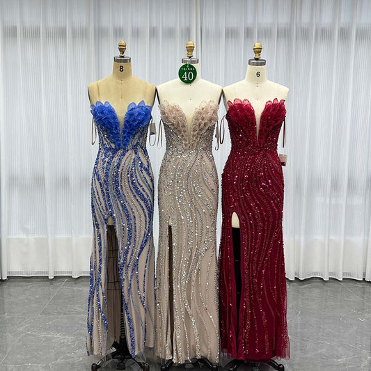 YQLNNE 040 Burgundy Corset Evening Dress Long Slit Handmade Beaded Gown