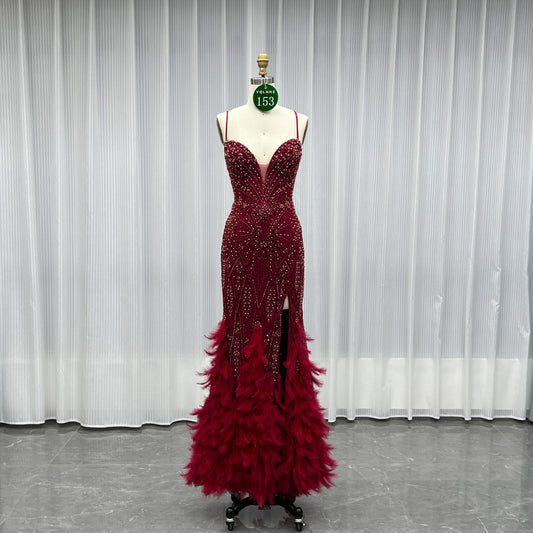 YQLNNE 0153 Burgundy Beading Feathers Evening Dress Long Mermaid Pageant Gown