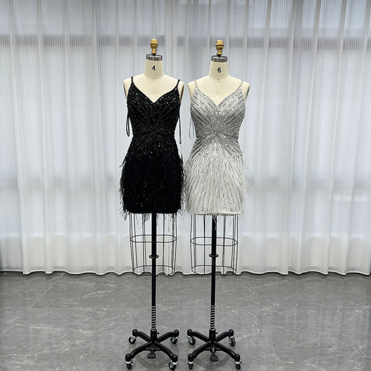 YQLNNE 0129 Black and White Short Feathers Party Dress With Handmade Crystals Beaded