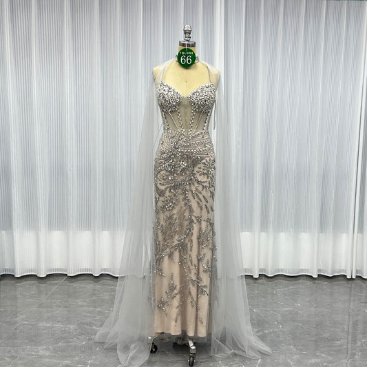 YQLNNE 066 Silver Nude Rhinestones Long Evening Dress Mermaid Party Dress With Cape